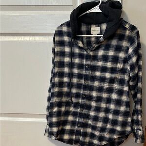 American Eagle Outfitters Navy and Cream Plaid Shirt with Hood